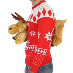 Red 3-D Ugly Christmas Sweater with Stuffed Moose