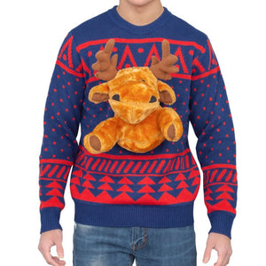 Navy 3-D Christmas Ugly Christmas Sweater with Stuffed Moose