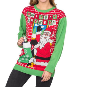 Women's Holiday Cheers! Santa with Beer Holder Stocking Ugly Christmas Sweater