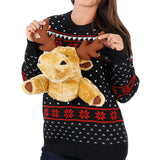 Women's Black 3-D Sweater with Stuffed Moose Ugly Christmas Sweater